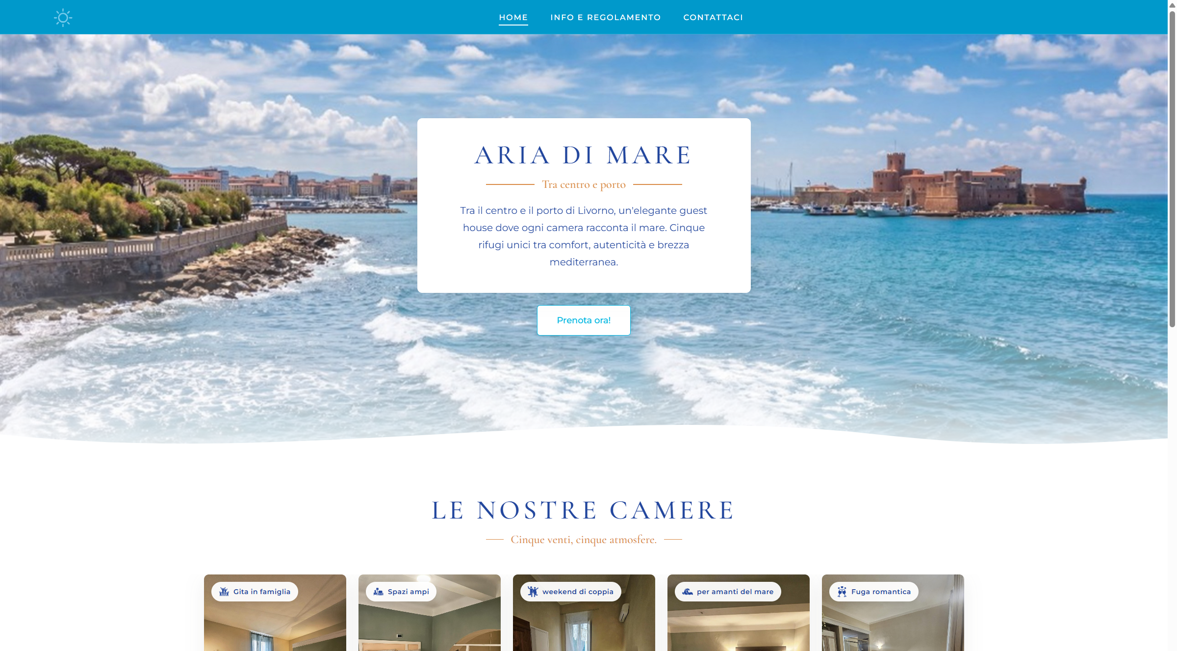 Home Aria di Mare: hero marina, claim tra centro e porto, CTA Prenota ora