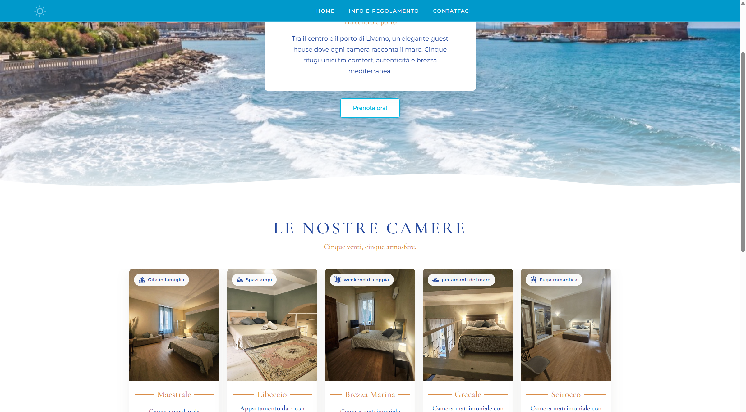 Lista camere: card Maestrale, Libeccio, Brezza Marina, Grecale, Scirocco