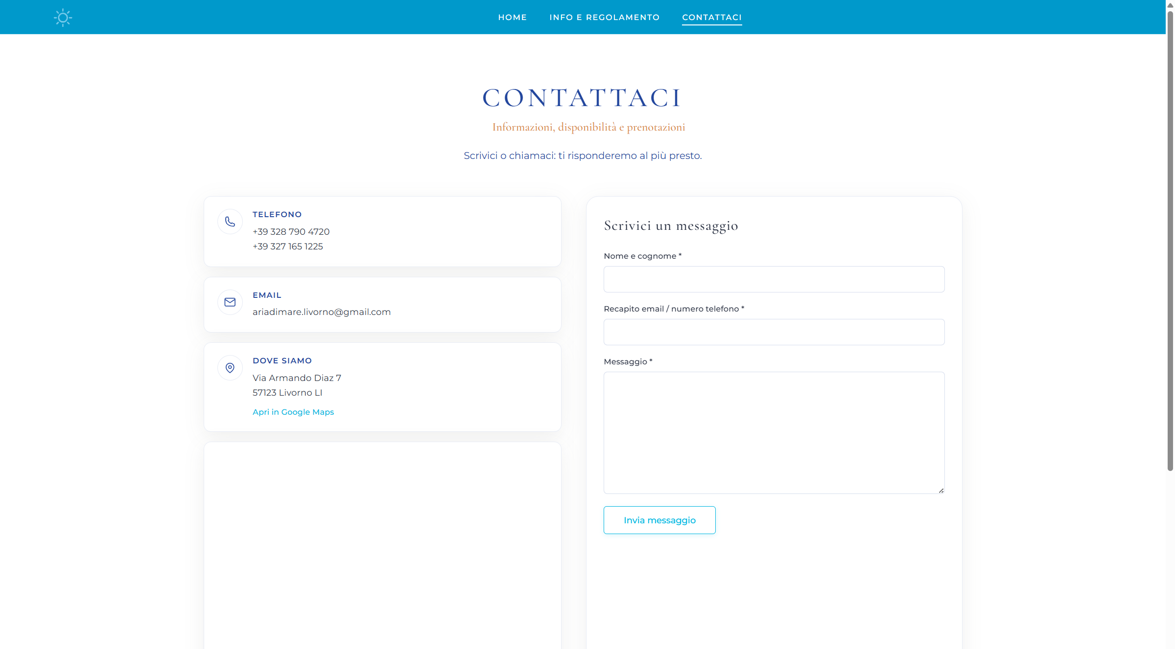 Pagina Contatti: telefono, email, mappa e form di richiesta