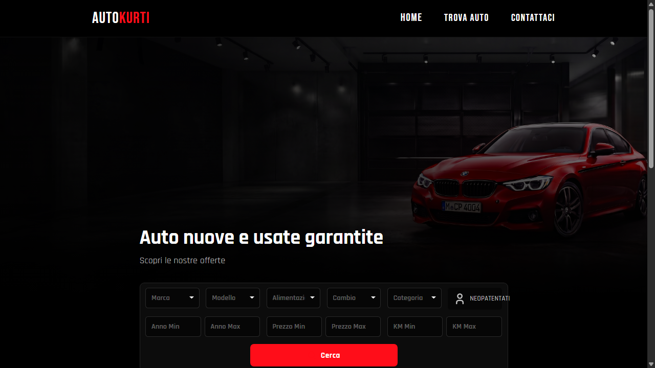 Home Autokurti con hero, widget ricerca a facet e brand nero-rosso
