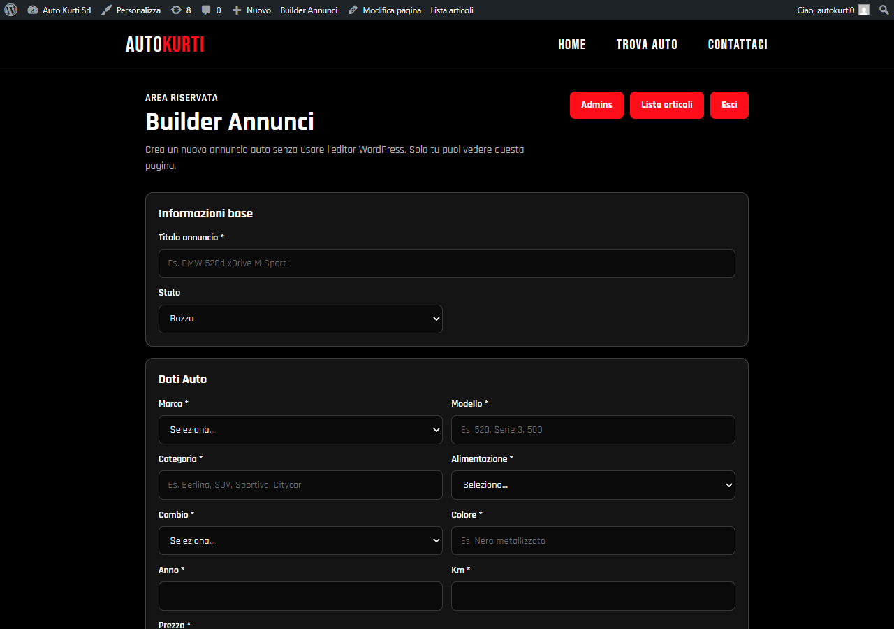 Builder annunci con form dati auto, upload foto e stato bozza/pubblicato