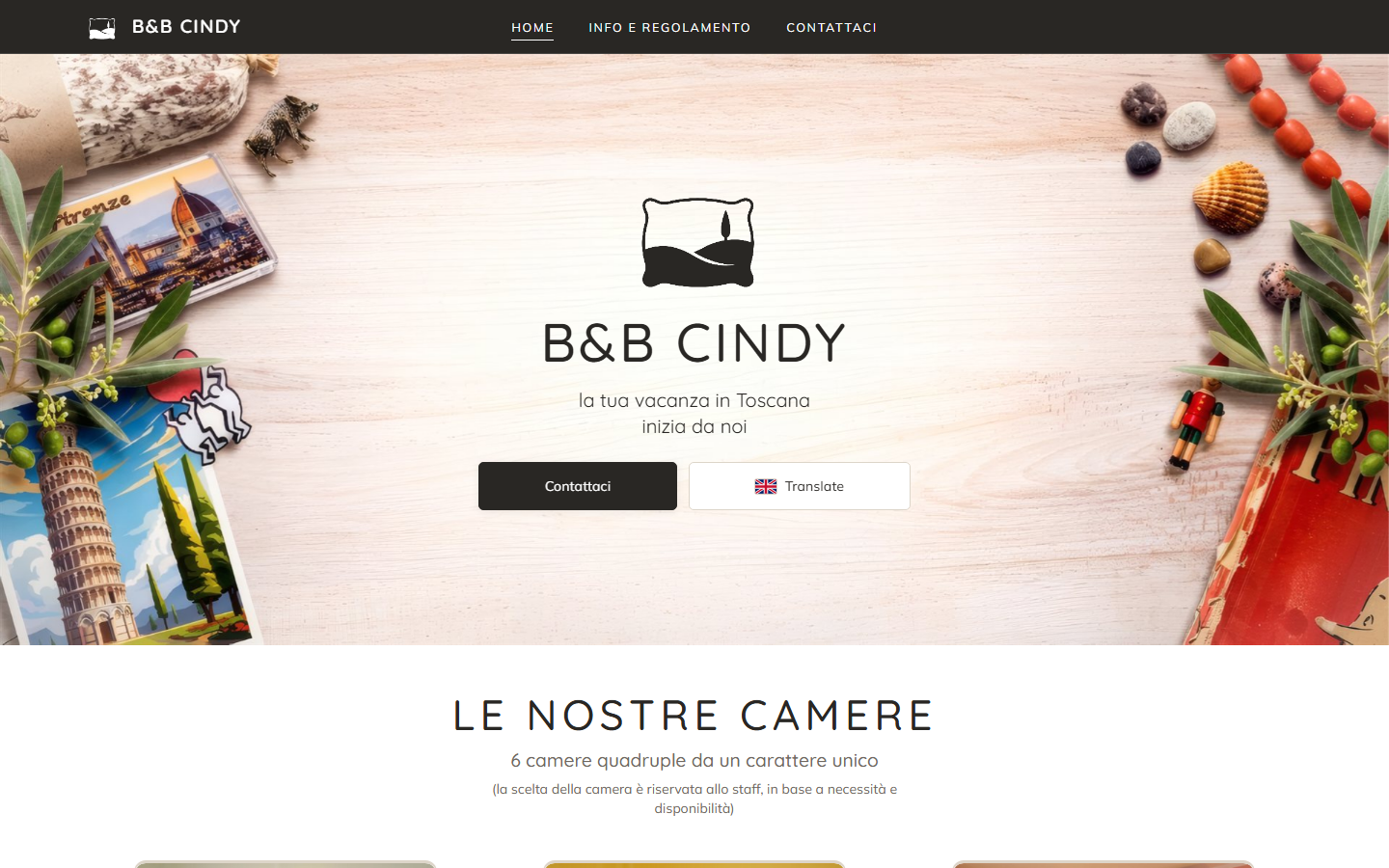 Home B&B Cindy: hero con souvenir sul legno, claim, Contattaci e Translate
