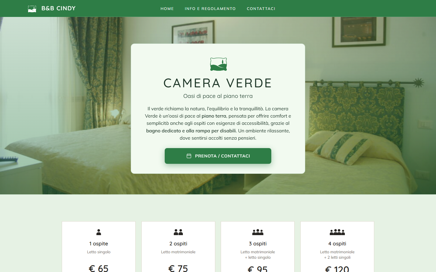 Scheda Camera Verde: header verde, foto letto, pannello con Prenota