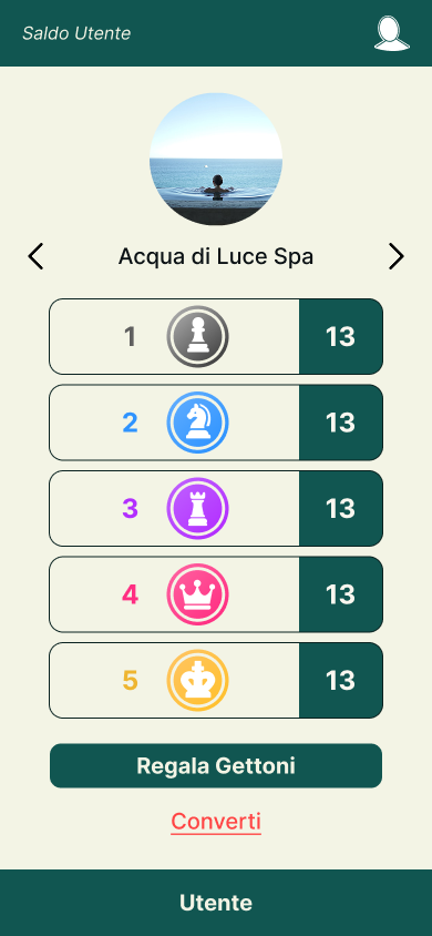 Saldo gettoni per struttura spa con cinque righe token e CTA Regala