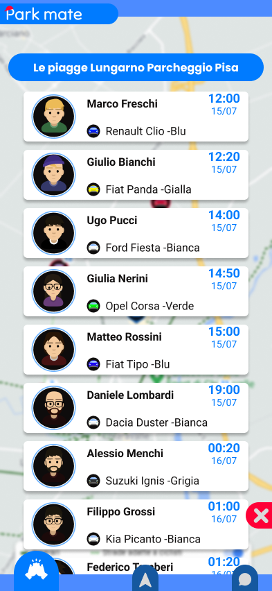 Lista utenti in parcheggio con avatar e tempo di sosta