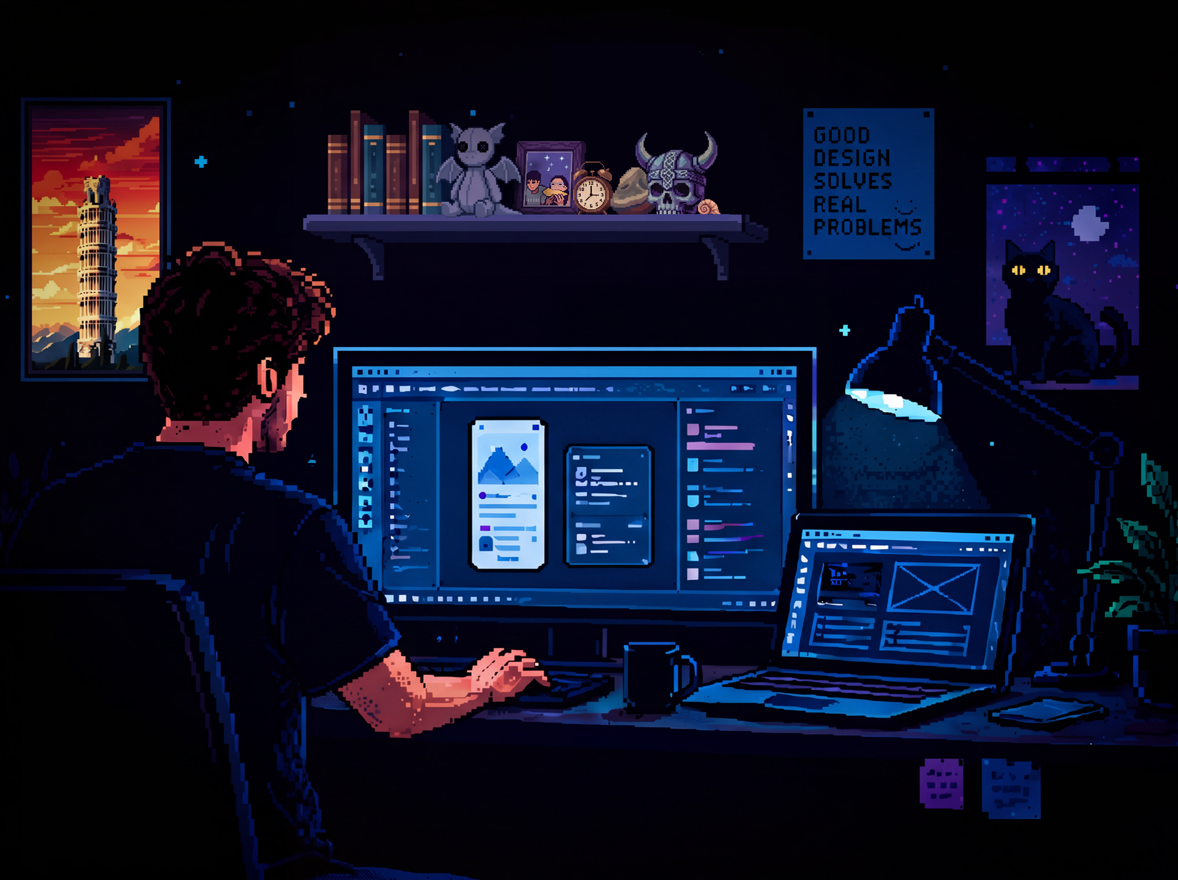 Pixel art workstation: monitors, laptop and desk